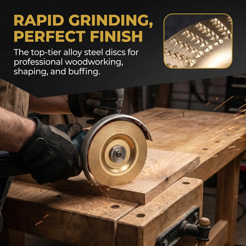 Worker using 3 Piece Woodworking Grinding And Polishing Disc Set with alloy steel wheels on wooden furniture.