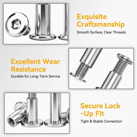 Premium Furniture Fastener Kit Contains 10 Pieces Of 12 Millimeter Flat Head Hex Cap Bolts Paired With Steel Barrel Nuts And Included Allen Wrench, showcasing smooth surface and clear threads.