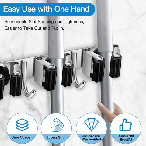 Broom And Mop Holder Wall Mount With Five Slots And Four Hooks Self Adhesive Stainless Steel Organizer for easy tool access