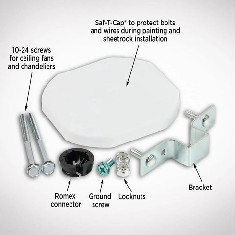 Components of Saf-T-Brace 3 Teeth Twist And Lock Heavy-Duty Install Bracket For Fans And Fixtures with Saf-T-Cap and Romex connector