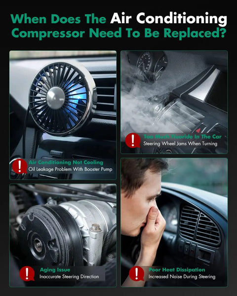 When Does The Air Conditioning Compressor Need To Be Replaced? showing key signs of AC issues in car; informative visual