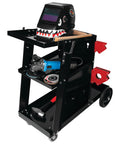 Universal Mobile Welding Cart On Wheels With Storage Trays For MIG Welders And Plasma Cutters Heavy Duty Black Cart With Swivel Front Casters Easy Movement On Site And Two Gas Tank Safety Chains