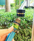Garden Hose Quick Connectors Three Quarter Inch Brass Easy Connect Hose Adapter Kit With Five Male And Female Connectors And Extra Rubber Washers For Fast Leak Free Watering And Simple No Fuss Setup being attached to a garden faucet.