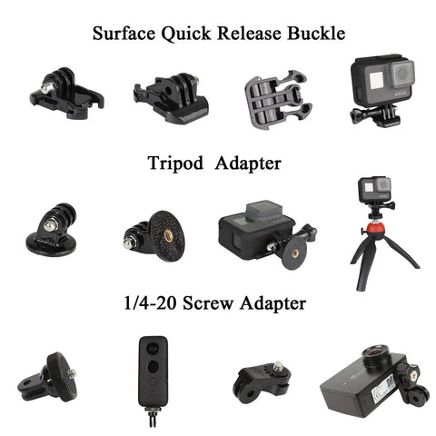 All In One Action Camera Gear Accessory Kit With Adhesive Helmet Base Mounts And Quick Attach Tripod Adapters Compatible display