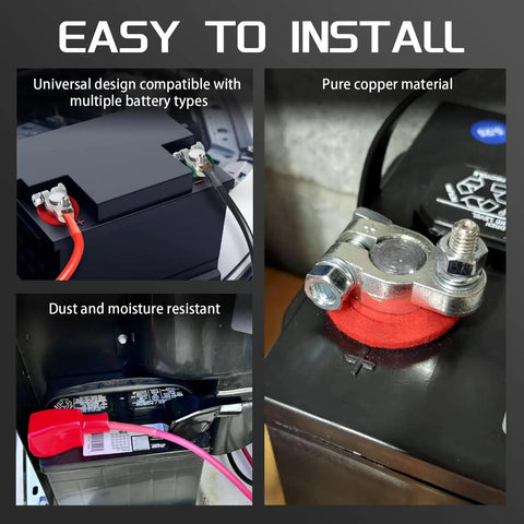 Top Shelf Military Spec Battery Terminal Connectors Featuring Pure Copper Build And Rust Proof Washers Built Tough For Trucks Cars And Marine Rigs With Secure Covers, installed on various batteries.