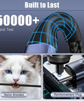 240W USB C To USB C Coiled Braided Car Charger Cable durability test, nylon braided, cat demonstrating tangle-free, plug detail