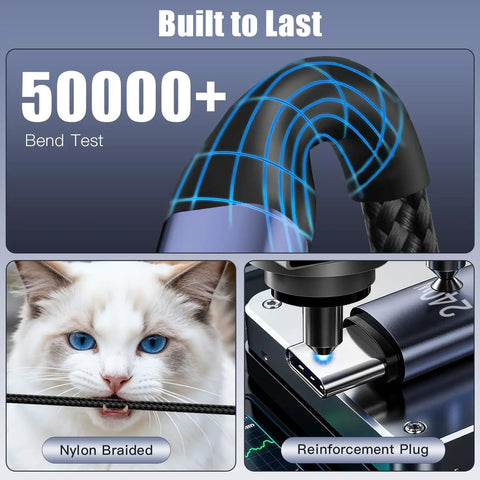 240W USB C To USB C Coiled Braided Car Charger Cable durability test, nylon braided, cat demonstrating tangle-free, plug detail