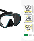 Image of F-Dual and Tao Dry Snorkel Mask Set With Dry Top, wide field of view single-lens, no-frame skirt, turquoise trim, made in Italy.