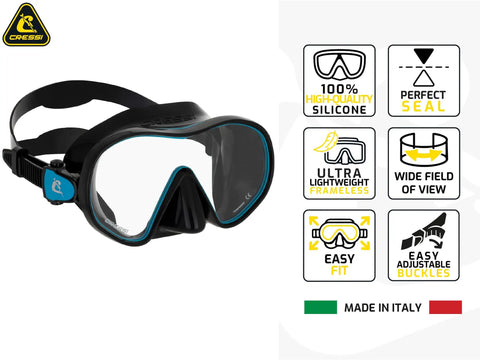 Image of F-Dual and Tao Dry Snorkel Mask Set With Dry Top, wide field of view single-lens, no-frame skirt, turquoise trim, made in Italy.
