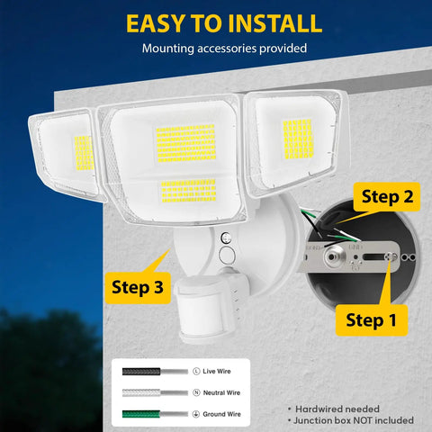 Heavy Duty Four Head Motion Sensor Security Spotlight 90W That Straight Up Blasts 10k Lumens Rock Solid Daylight Flood Lamp Built Tough For Legit Garage Yard Porch Coverage