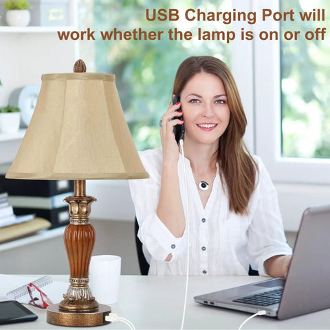 Smiling woman beside a Two Pack Touch Bedside Lamps With USB A And USB C Ports, 3 Way Dimmable Nightstand Lights With Bulbs Included.