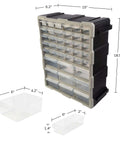 39 Drawer Plastic Small Parts Organizer with Desktop or Wall Storage Drawers, shown in black with clear removable compartments.