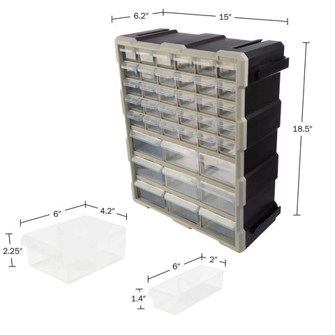 39 Drawer Plastic Small Parts Organizer with Desktop or Wall Storage Drawers, shown in black with clear removable compartments.