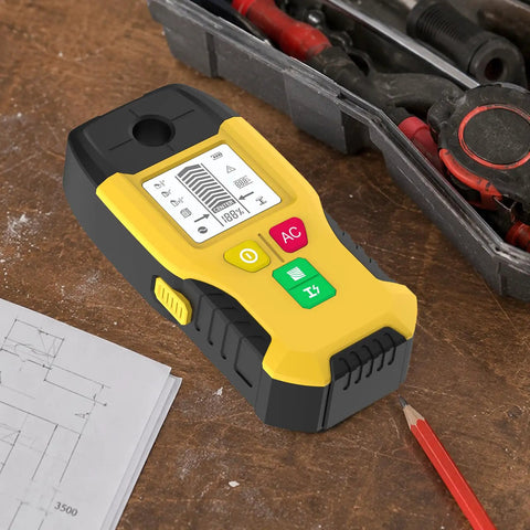 Wall Scanner Stud Finder 6-in-1 Metal Detector Auto Shutoff LCD(Yellow) on a wooden table with tools and drawings.