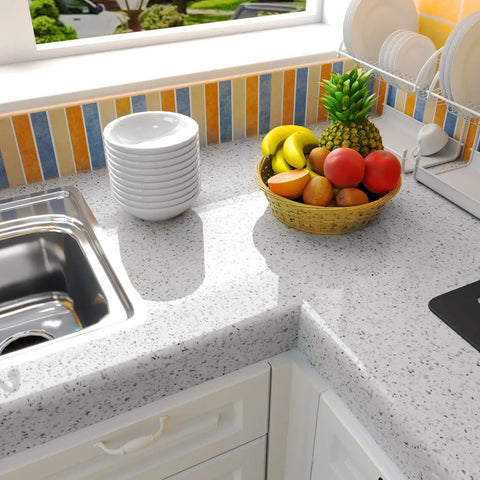 Kitchen countertop with white glossy marble contact paper for countertops and cabinets peel and stick self adhesive wallpaper waterproof.