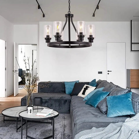 Farmhouse Chandelier For Dining Room Black Pendant Light 6-Light Round Rustic Ceiling Fixture With Glass Globes in living room
