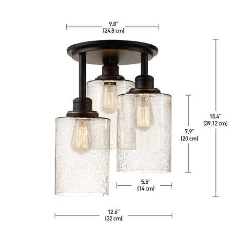 Three Light Bronze Semi Flush Mount Ceiling Light With Seeded Glass Shades dimensions and details showing rustic oil-rubbed bronze finish.