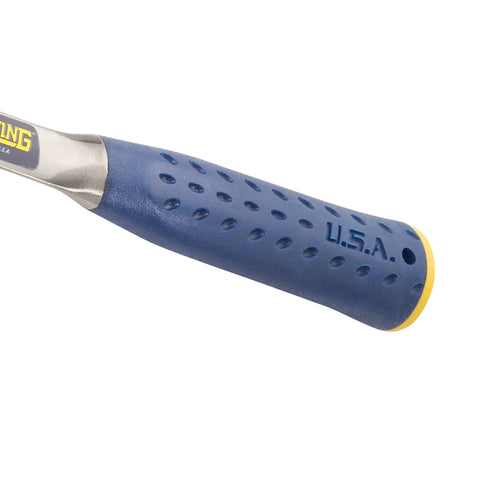 Close-up of handle on Bricklayer And Mason Hammer 16 Oz USA Made Built Tough Pro Grade Masonry Tool with Shock Reduction Grip.