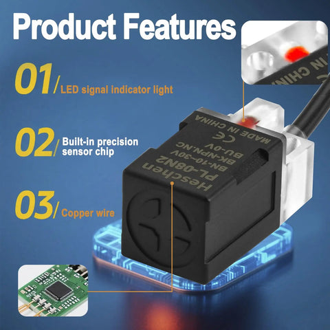 Square Inductive Proximity Sensor Switch PL08N2 with LED, sensor chip, and copper wire features for industrial use.