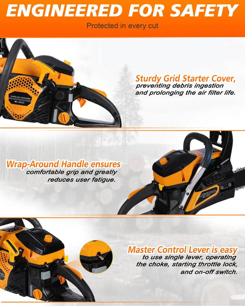 63Cc Gas Powered Chainsaw With 20 Inch Bar And 2 Chains And Bars, Heavy Duty 2-Cycle Engine safety features close-up