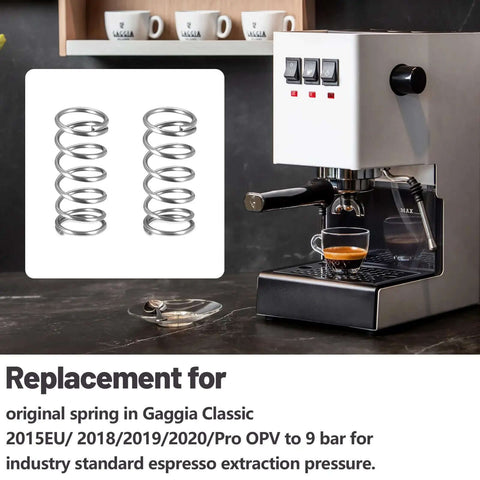 9 Bar OPV Espresso Machine Spring Replacement Kit for Gaggia Classic Pro and Classic, shown with two metal springs and espresso machine