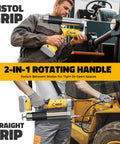 Cordless 12000 PSI Grease Gun With 39 Inch Hose, Dual Pistol And Inline Grip, Works With Bulk Or Cartridge Grease, Compatible With DeWalt 20V Batteries, Tool Only shown in use with rotating handle and pistol grip