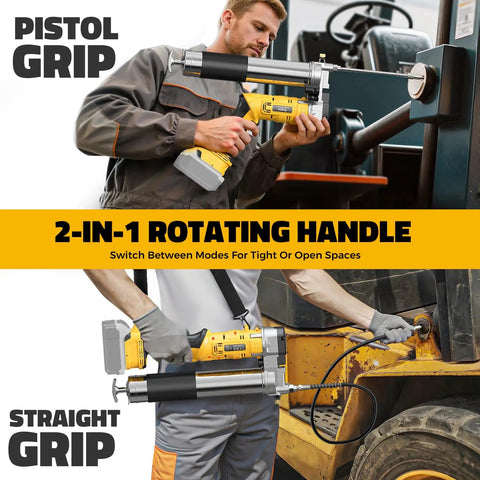 Cordless 12000 PSI Grease Gun With 39 Inch Hose, Dual Pistol And Inline Grip, Works With Bulk Or Cartridge Grease, Compatible With DeWalt 20V Batteries, Tool Only shown in use with rotating handle and pistol grip
