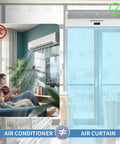 Comparison of air conditioner and 36 Inch Wall Mounted Air Curtain For Commercial Doors With Magnetic Switch, showing setup.