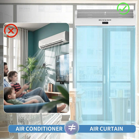 Comparison of air conditioner and 36 Inch Wall Mounted Air Curtain For Commercial Doors With Magnetic Switch, showing setup.