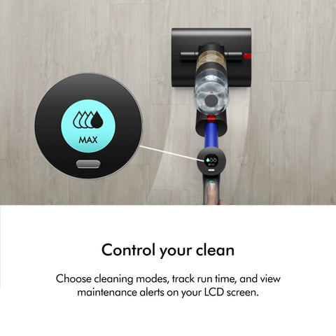 Top view of WashG1 Wet Cleaner For Hard Floors with LCD display, dual rollers, in matte black and ultra blue finish on wood flooring.