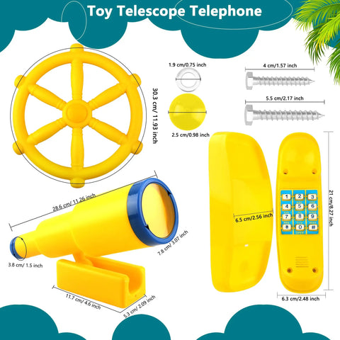 Pirate Ship Steering Wheel And Telescopes 3 Pack For Kids Plastic Swingset Accessories in Yellow shown with dimensions