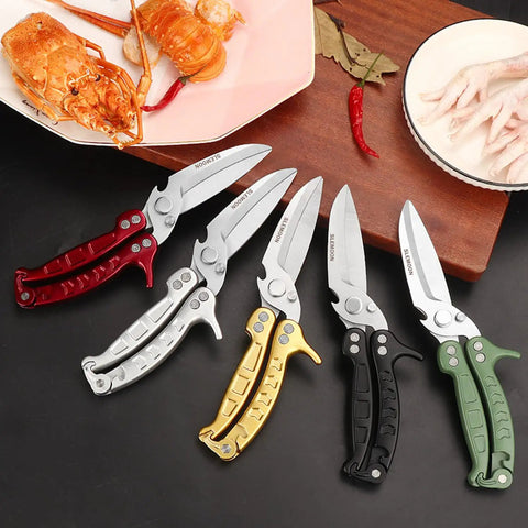Heavy Duty Poultry Shears And Kitchen Scissors Two Pack For Chicken Turkey Meat And Herbs Vegetables With Serrated Edge And Extra Thick Blades Stainless Steel Burgundy Color displayed with seafood on table