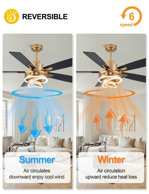 52 Inch Ceiling Fan With Light Gold Chandelier, DC Motor, Dimmable LED, reversible for summer and winter use, living room