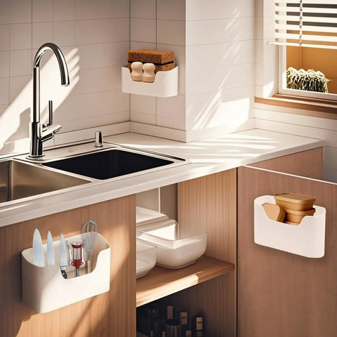 4 Pack Kitchen Cabinet Door Organizer Set With Adhesive Mounts Inside Cabinet Doors No Drill Hanging Storage Baskets in use in kitchen
