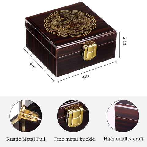 Brown wood finish box with dragon phoenix carving for mechanical skeleton pocket watch with Roman numerals, double case, chain included