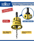 Number Eight Countersink Drill Bit Set With Replaceable HSS Drill, patented, yellow depth stop collar, anti-clog cavity, LaBear brand