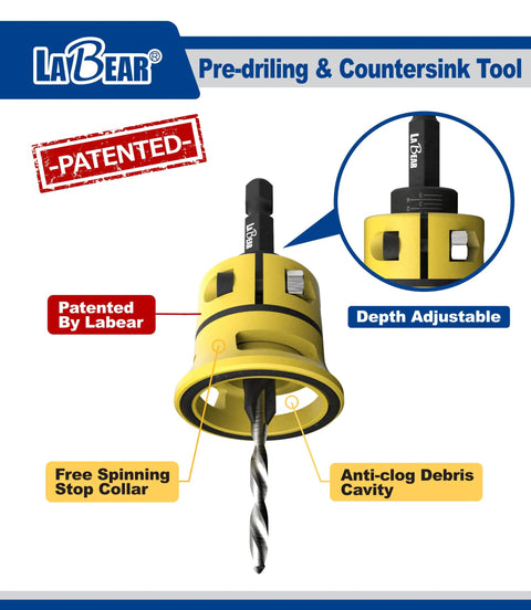 Number Eight Countersink Drill Bit Set With Replaceable HSS Drill, patented, yellow depth stop collar, anti-clog cavity, LaBear brand