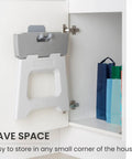 Compact Foldable Step Stool for Adults Up to 330 Pounds stored inside a cabinet, showing easy slim storage feature.