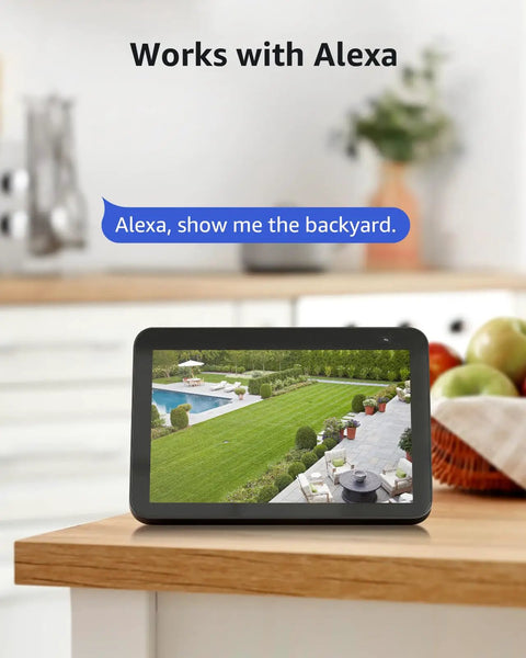 Smart display showing backyard view streamed from Two Pack 2K Outdoor Security Cameras Add On, 3MP Wireless Surveillance IP Cameras