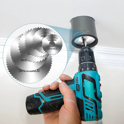Heavy Duty 9 Piece Drill Cutting Wheel And Saw Bit Set For Rotary Tool With One Quarter Inch Hex Shank Built For Metal Wood And Plastic DIYers And Pros Who Need Quick Clean Cuts And Smooth Speeds used in a cordless drill.