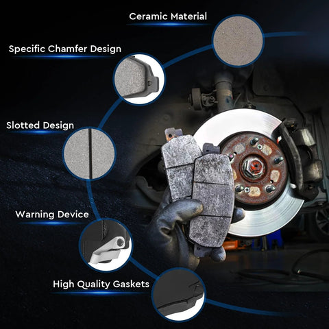 ILONPA front ceramic brake pads set with hardware, 4-piece, slotted and chamfered design