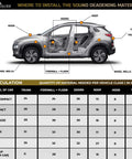 Where to install the sound deadening material on a vehicle, showing trunk, doors, and floors with measurements.