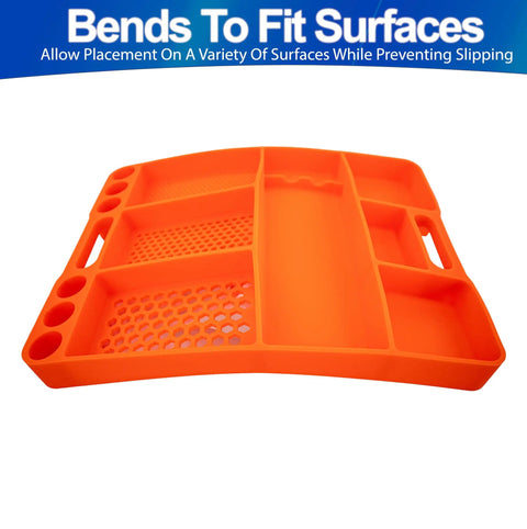 Front view of orange Heavy Duty Silicone Tool Tray Organizer With Non Slip Grip Flexible Heat Resistant Surface for workshop use