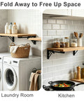 Rock Solid 16 Inch Folding Shelf Brackets Heavy Duty Steel Wall Mounts For Everyday Grind Drop Down Table Garage Kitchen Laundry Storage Solutions Black Two Pack in use, showcasing shelves in laundry and kitchen settings.