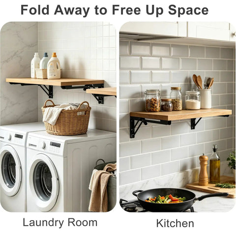 Rock Solid 16 Inch Folding Shelf Brackets Heavy Duty Steel Wall Mounts For Everyday Grind Drop Down Table Garage Kitchen Laundry Storage Solutions Black Two Pack in use, showcasing shelves in laundry and kitchen settings.