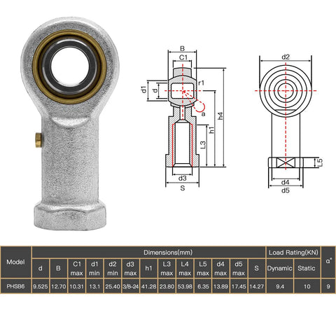 Slick 3/8 Inch Rod End Heim Joint Set Featuring Right Hand Female Threading Crafted From Hardened Ball Bearing Steel showing a detailed diagram and measurements.