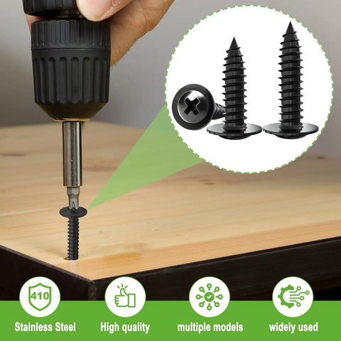 Ready For The Grind 370 Piece Phillips Truss Head Black Wood Screws With Rubber Washers Rustproof Zinc Plated Self Tapping Fastener Kit in use with a drill.