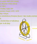 Intsuprmai 425 Ft Fiberglass Fish Tape for Electrical Conduit Wiring on a steel stand, yellow fiberglass cable, easy installation tool.