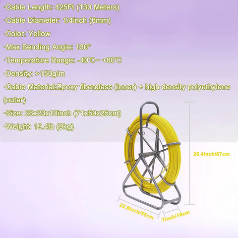 Intsuprmai 425 Ft Fiberglass Fish Tape for Electrical Conduit Wiring on a steel stand, yellow fiberglass cable, easy installation tool.