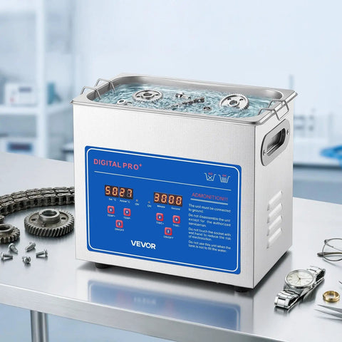 Heavy Duty Ultrasonic Cleaner With A Spacious Three Liter Tank And Zippy 40kHz Output, features digital controls and gears inside.